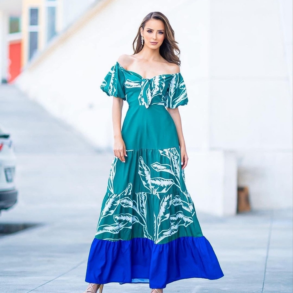 Chicways Green Tropical Maxi Dress